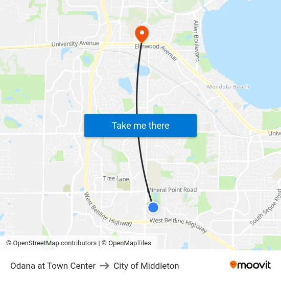 Odana at Town Center to City of Middleton map