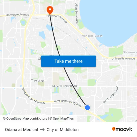 Odana at Medical to City of Middleton map