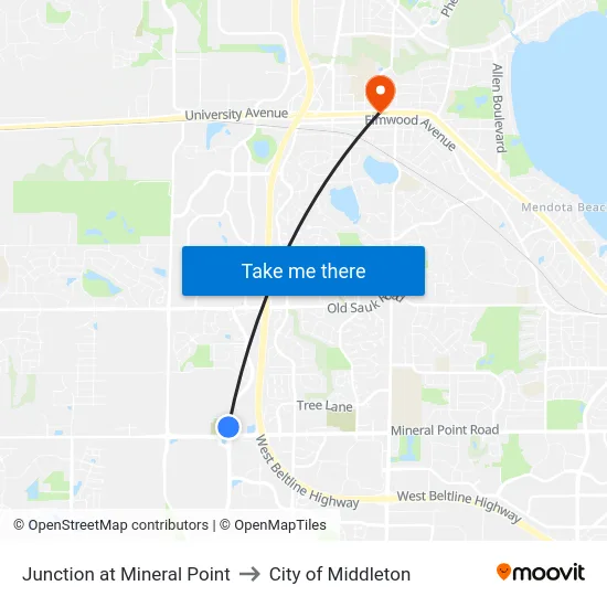 Junction at Mineral Point to City of Middleton map