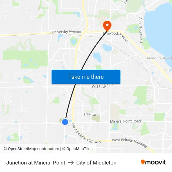 Junction at Mineral Point to City of Middleton map