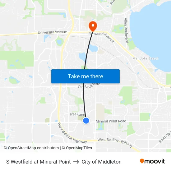 S Westfield at Mineral Point to City of Middleton map