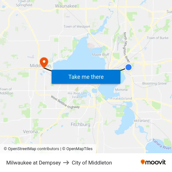 Milwaukee at Dempsey to City of Middleton map
