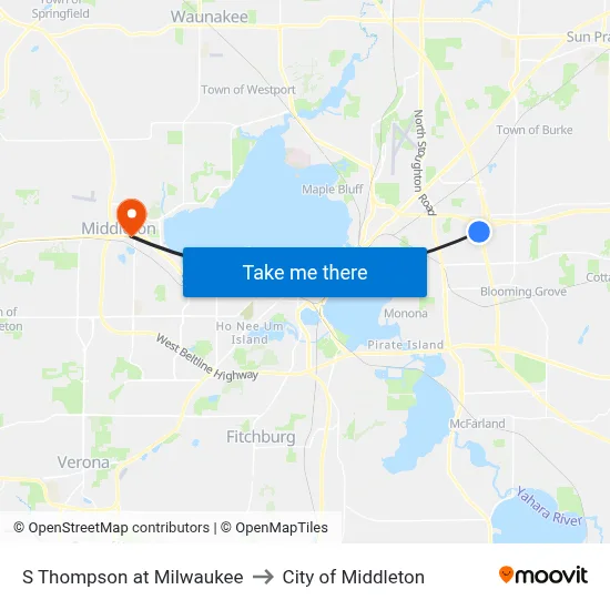 S Thompson at Milwaukee to City of Middleton map