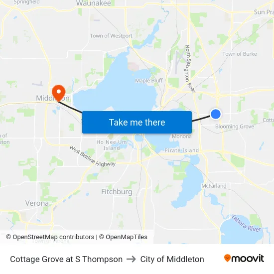 Cottage Grove at S Thompson to City of Middleton map