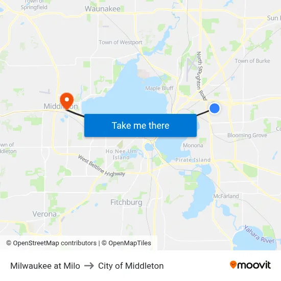 Milwaukee at Milo to City of Middleton map