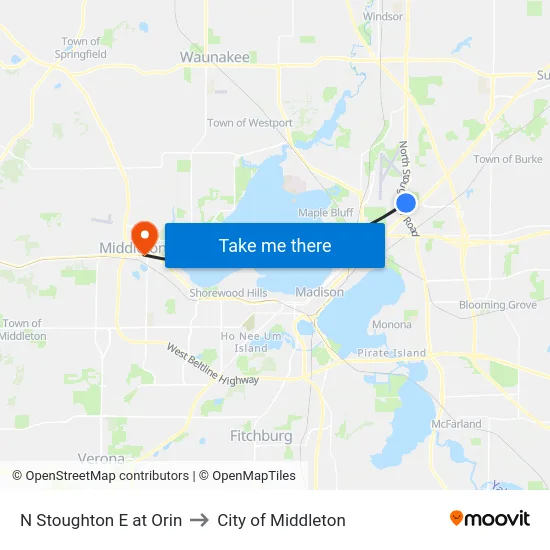 N Stoughton E at Orin to City of Middleton map