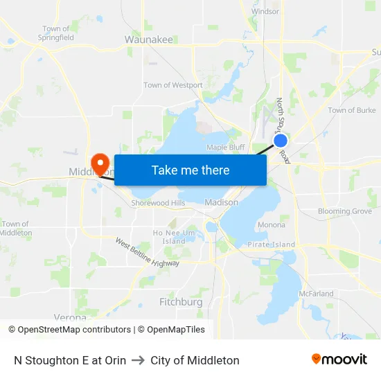 N Stoughton E at Orin to City of Middleton map