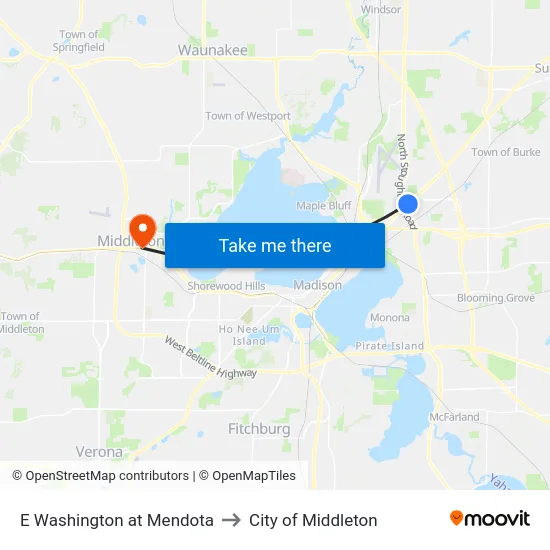 E Washington at Mendota to City of Middleton map