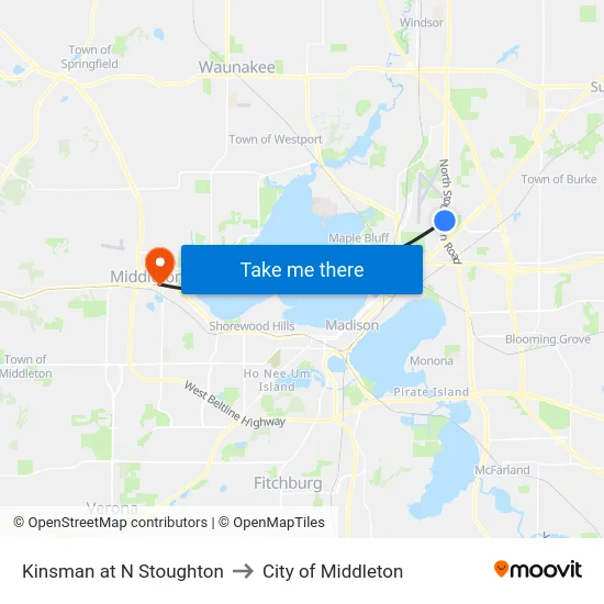 Kinsman at N Stoughton to City of Middleton map
