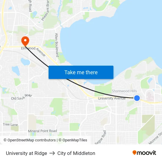 University at Ridge to City of Middleton map