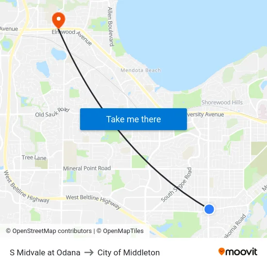 S Midvale at Odana to City of Middleton map