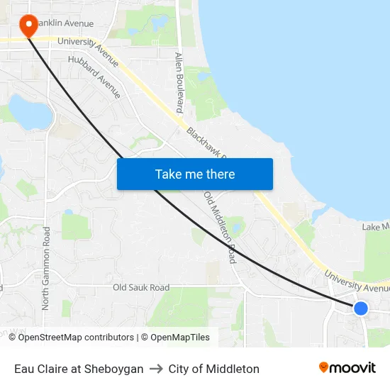 Eau Claire at Sheboygan to City of Middleton map