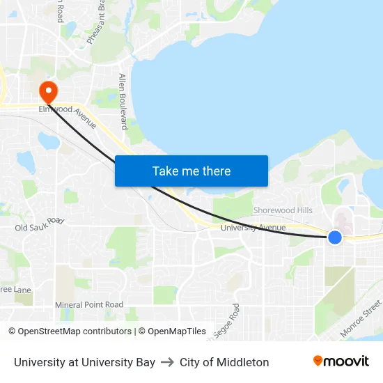 University at University Bay to City of Middleton map