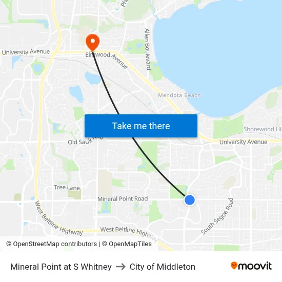 Mineral Point at S Whitney to City of Middleton map