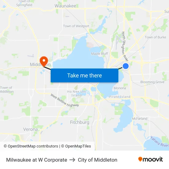 Milwaukee at W Corporate to City of Middleton map