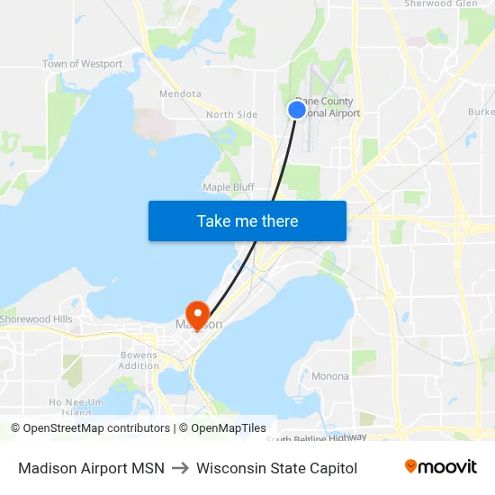 Madison Airport MSN to Wisconsin State Capitol map