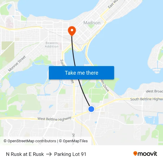 N Rusk at E Rusk to Parking Lot 91 map