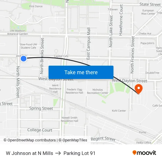 W Johnson at N Mills to Parking Lot 91 map