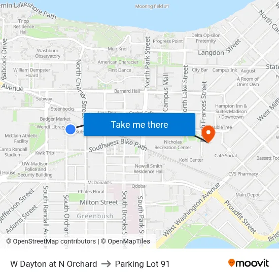 W Dayton at N Orchard to Parking Lot 91 map