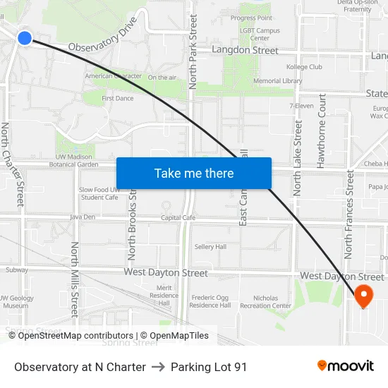 Observatory at N Charter to Parking Lot 91 map
