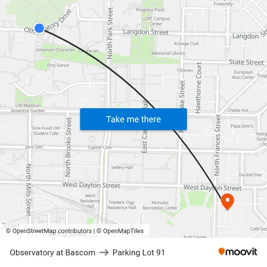 Observatory at Bascom to Parking Lot 91 map
