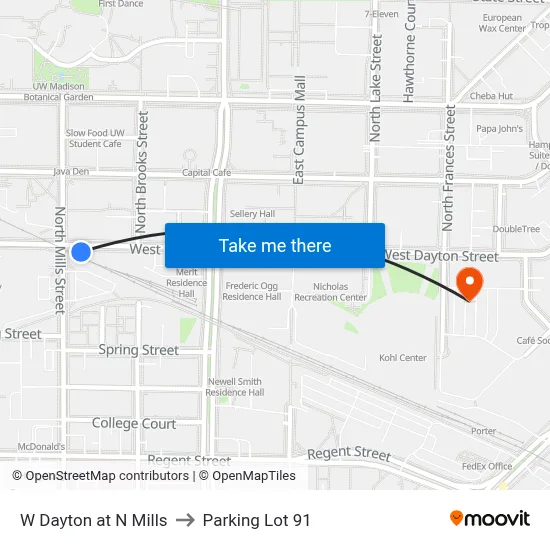 W Dayton at N Mills to Parking Lot 91 map