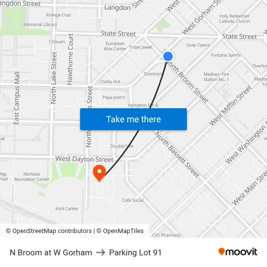 N Broom at W Gorham to Parking Lot 91 map