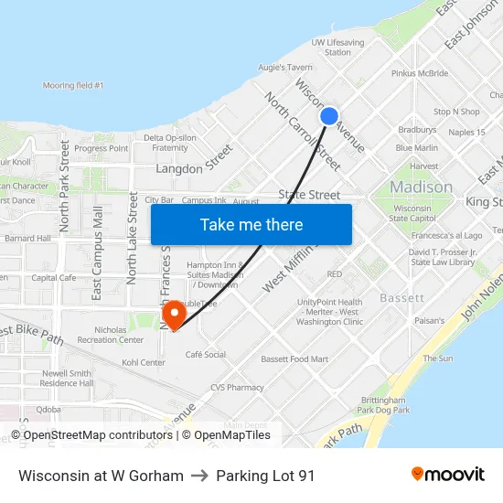 Wisconsin at W Gorham to Parking Lot 91 map