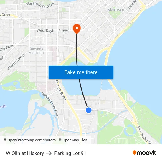 W Olin at Hickory to Parking Lot 91 map