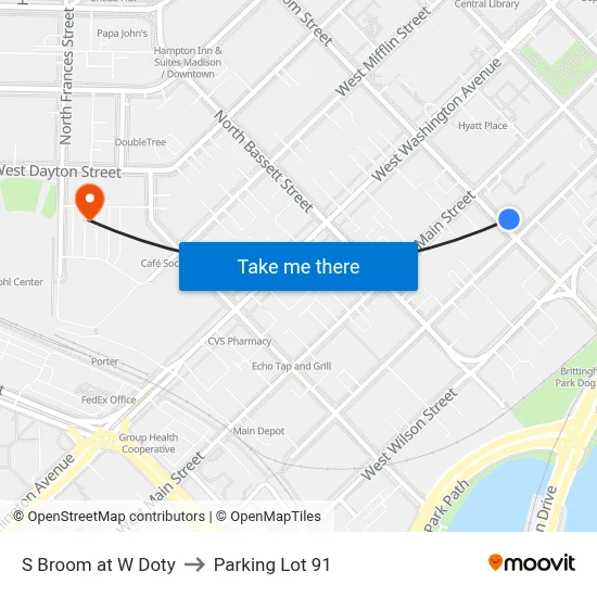 S Broom at W Doty to Parking Lot 91 map