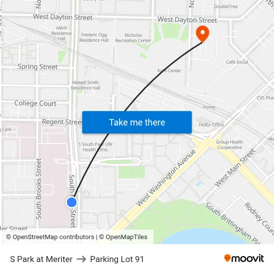 S Park at Meriter to Parking Lot 91 map