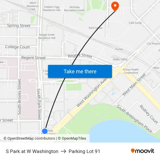 S Park at W Washington to Parking Lot 91 map