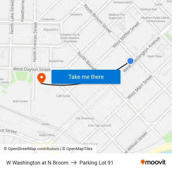 W Washington at N Broom to Parking Lot 91 map