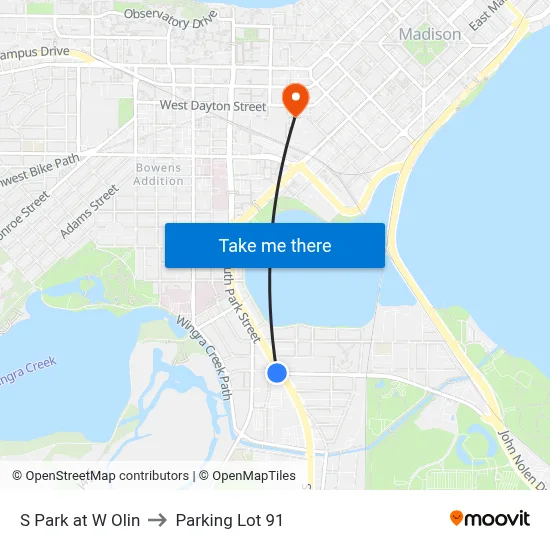 S Park at W Olin to Parking Lot 91 map