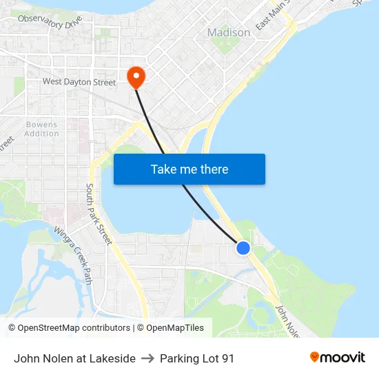 John Nolen at Lakeside to Parking Lot 91 map