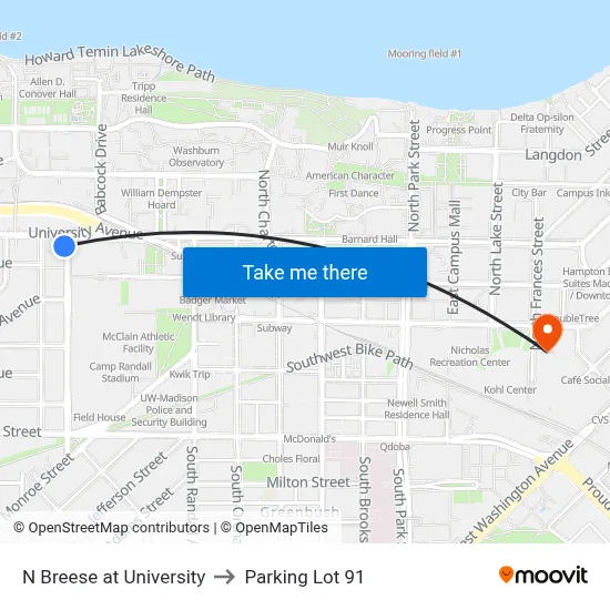 N Breese at University to Parking Lot 91 map