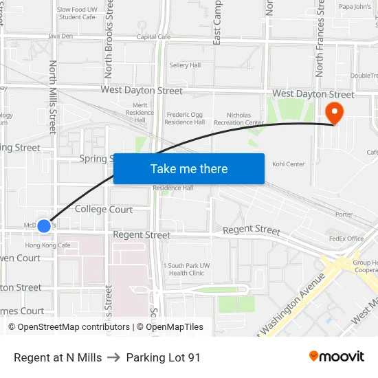 Regent at N Mills to Parking Lot 91 map