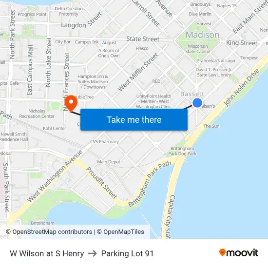 W Wilson at S Henry to Parking Lot 91 map