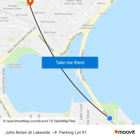 John Nolen at Lakeside to Parking Lot 91 map