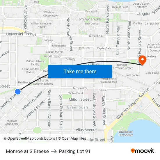 Monroe at S Breese to Parking Lot 91 map