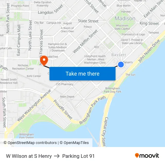W Wilson at S Henry to Parking Lot 91 map