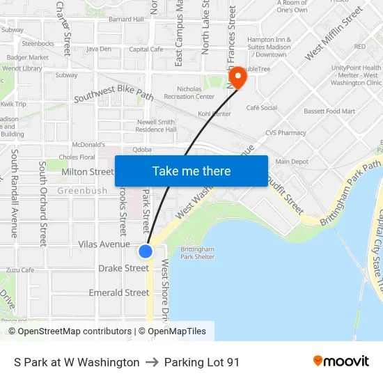 S Park at W Washington to Parking Lot 91 map