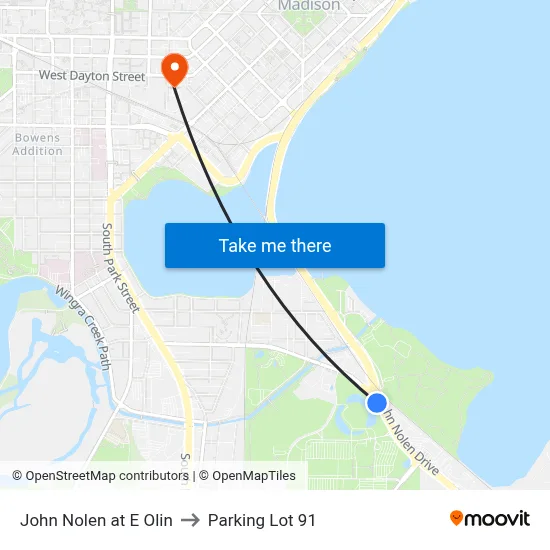 John Nolen at E Olin to Parking Lot 91 map