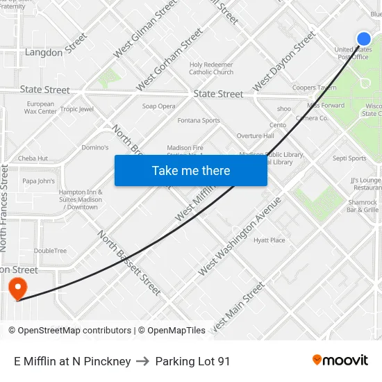 E Mifflin at N Pinckney to Parking Lot 91 map