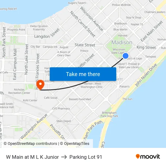 W Main at M L K Junior to Parking Lot 91 map