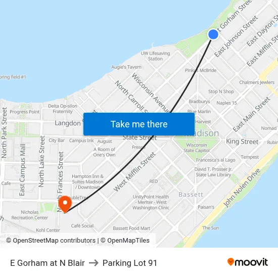 E Gorham at N Blair to Parking Lot 91 map