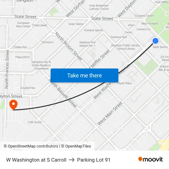 W Washington at S Carroll to Parking Lot 91 map