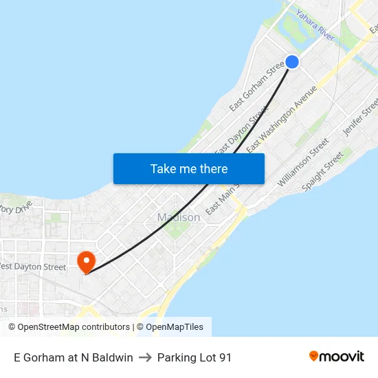 E Gorham at N Baldwin to Parking Lot 91 map