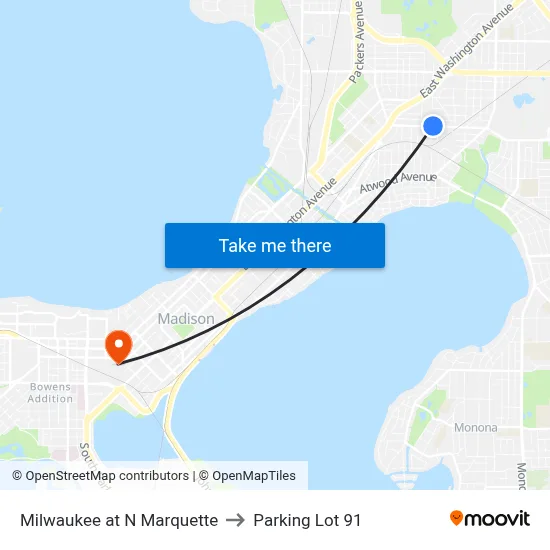 Milwaukee at N Marquette to Parking Lot 91 map