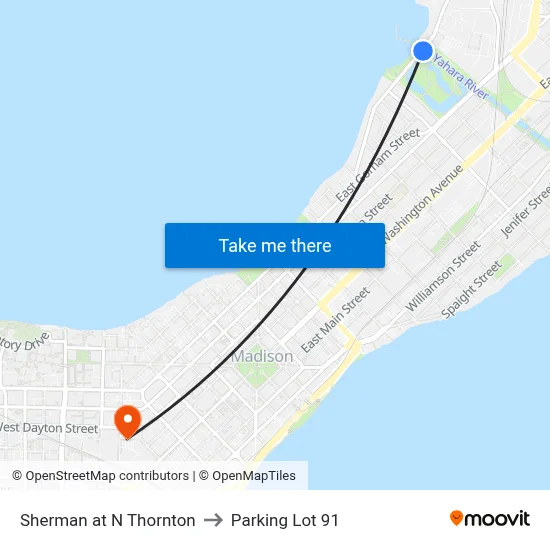 Sherman at N Thornton to Parking Lot 91 map